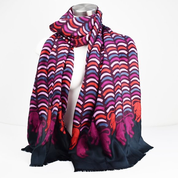 Large long colorful Kate Spade silk scarf, fuchsia panther classy silk scarf - Picture 1 of 9